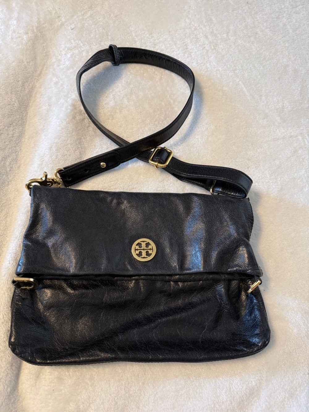 Tory Burch Black Leather Fold-Over Crossbody with Gold Logo